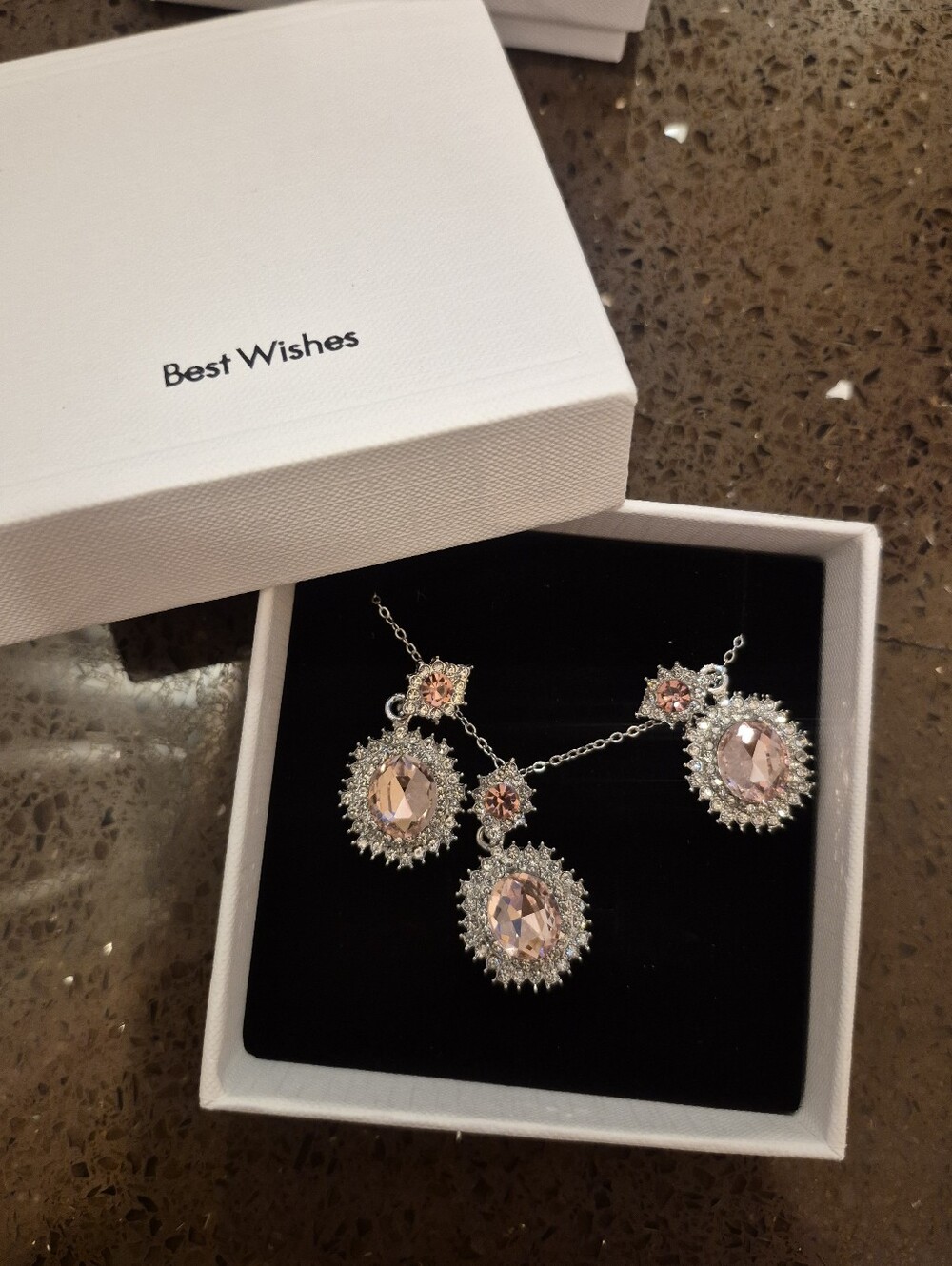 Silver Necklace Set with Pink Crystal Halo Pendants